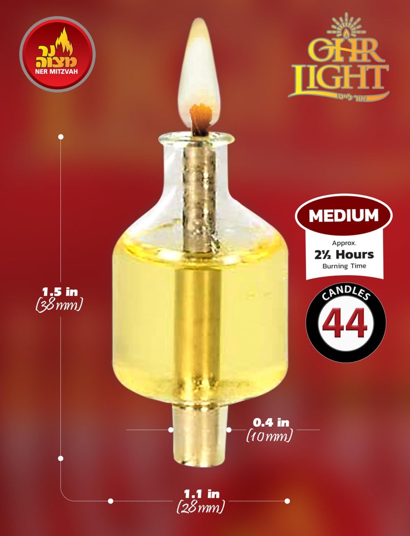 Ner Mitzvah Pre-Filled Menorah Oil Cup Candles - Hanukkah Ohr Lights - 100% Olive Oil with Cotton Wick in Glass Cup - Medium Size  44 per Pack  Burns Approx. 2 1/2 Hrs - Image 3